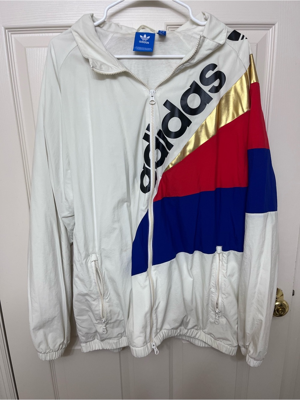adidas White Hooded Windbreaker with Red, Blue & Gold Panels